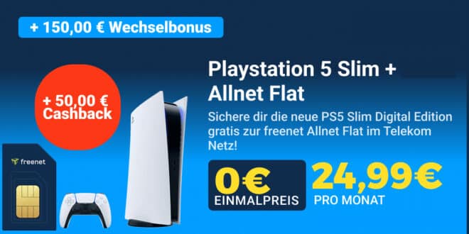 50GB Allnet Flat mit Sony Playstation 5 Slim PS5 Digital Edition und 150 Euro Wechselbonus und 50 Euro Cashback nur 24.99 Euro monatlich