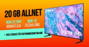 Samsung TV 43 Zoll Crystal UHD 4K mit 20 GB Allnet Flat & 100 Euro Wechselbonus nur 22.99 Euro monatlich