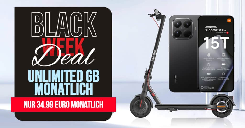 Xiaomi 15T Pro & Electric Scooter 5 für einmalig 49.95 Euro mit unlimited Allnet Flat und 100 Euro Wechselbonus nur 34.99 Euro monatlich