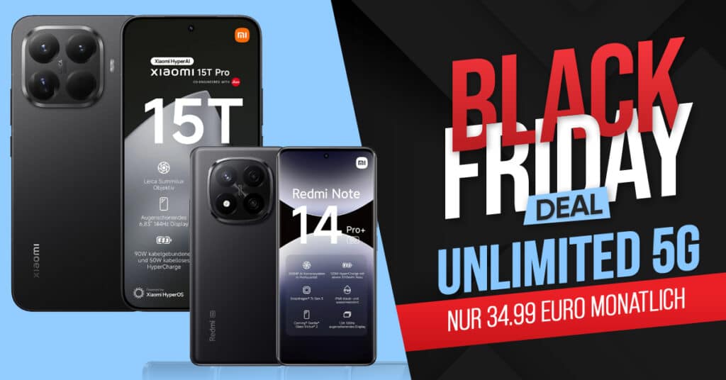 Xiaomi 15T Pro & Redmi Note 14 Pro+ 5G mit unlimited Allnet Flat und 100 Euro Wechselbonus nur 34.99 Euro monatlich