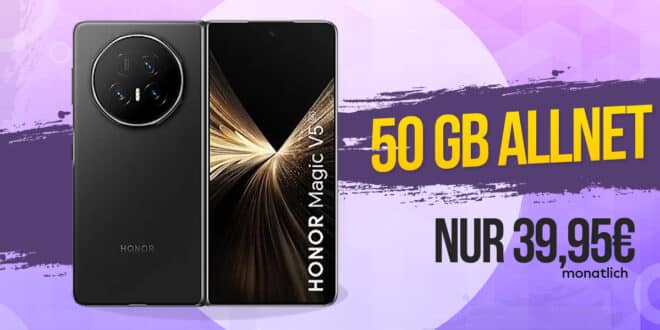 Honor Magic V5 für einmalig 429 Euro mit 50GB Allnet Flat und 150 Euro Wechselbonus nur 39.95 Euro monatlich