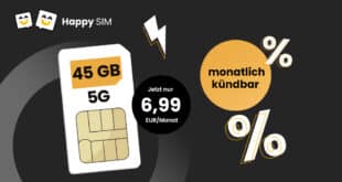 monatlich kündbar - 45GB Allnet Flat nur 6.99 Euro monatlich