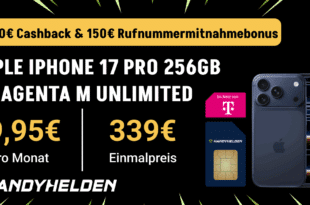 iPhone 17 Pro 256GB für einmalig 339 Euro mit Telekom unlimited Allnet Flat und 100 Euro Cashback nur 49.95 Euro monatlich.