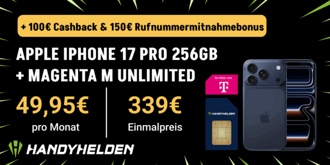 iPhone 17 Pro 256GB für einmalig 339 Euro mit Telekom unlimited Allnet Flat und 100 Euro Cashback nur 49.95 Euro monatlich.