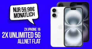 o2 Doppelkarte: 2x o2 Unlimited Allnet Flat mit 2x iPhone 16 für einmalig 199 Euro zusammen für monatlich 59.98 Euro