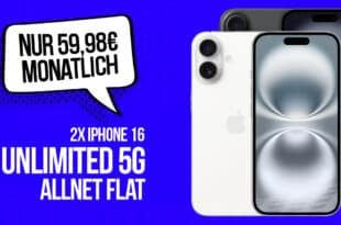 o2 Doppelkarte: 2x o2 Unlimited Allnet Flat mit 2x iPhone 16 für einmalig 199 Euro zusammen für monatlich 59.98 Euro