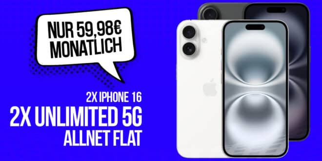 o2 Doppelkarte: 2x o2 Unlimited Allnet Flat mit 2x iPhone 16 für einmalig 199 Euro zusammen für monatlich 59.98 Euro