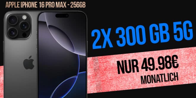 iPhone 16 Pro Max für einmalig 99 Euro mit 2x 300GB Allnet Flat nur 49.98 Euro monatlich