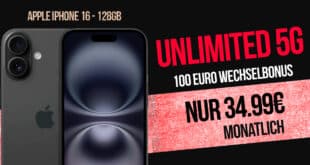 iPhone 16 für einmalig 49 Euro mit unlimited Allnet Flat und 100 Euro Wechselbonus nur 34.99 Euro monatlich