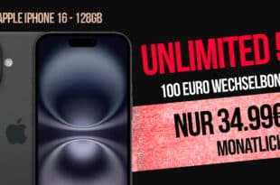 iPhone 16 für einmalig 39 Euro mit unlimited Allnet Flat und 100 Euro Wechselbonus nur 34.99 Euro monatlich