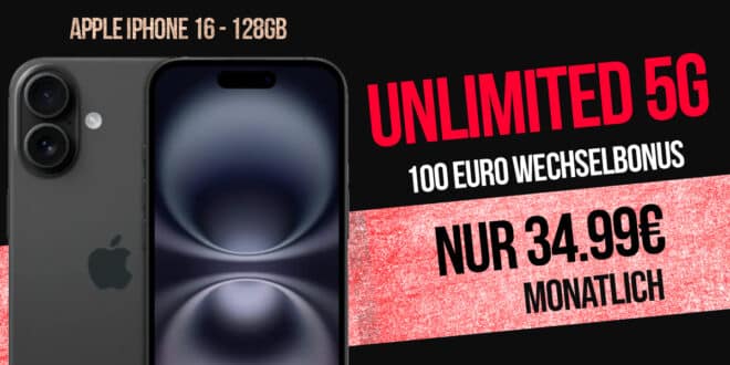 iPhone 16 für einmalig 49 Euro mit unlimited Allnet Flat und 100 Euro Wechselbonus nur 34.99 Euro monatlich