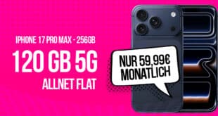 iPhone 17 Pro Max für einmalig 99 Euro mit 120GB Telekom Allnet Flat und 50 Euro Wechselbonus für 59.99 Euro monatlich