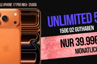 iPhone 17 Pro Max für einmalig 499 Euro mit o2 unlimited Allnet Flat und 150 Euro Guthaben und 100 Euro Cashback nur 39.99 Euro monatlich