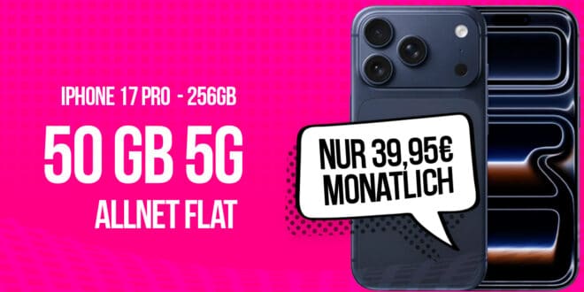 iPhone 17 Pro für einmalig 479 Euro mit 50GB Telekom Allnet Flat und 150 Euro Wechselbonus nur 39.95 Euro monatlich