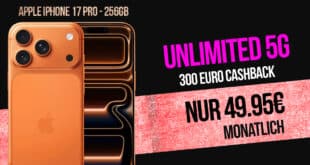 iPhone 17 Pro für einmalig 399 Euro mit Telekom unlimited Allnet Flat und 300 Euro Cashback nur 49.95 Euro monatlich