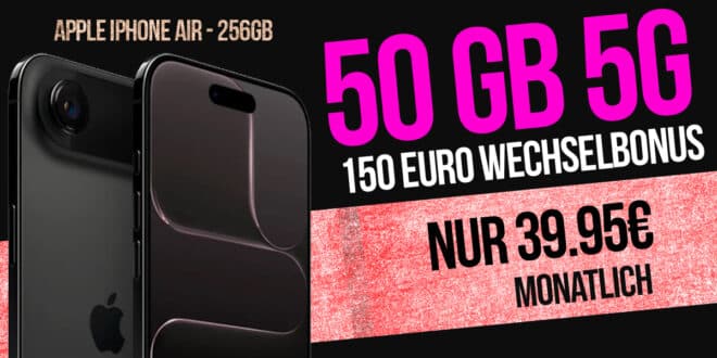 iPhone Air für einmalig 189 Euro mit 50GB Allnet Flat und 150 Euro Wechselbonus nur 39.95 Euro monatlich