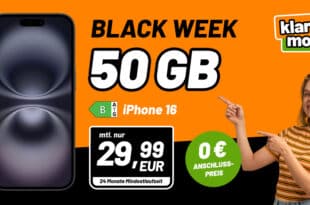 Cyber Week Deal - iPhone 16 für einmalig 49.99 Euro mit Allnet Flat 50 GB nur 29.99 Euro monatlich – kein Anschlusspreis