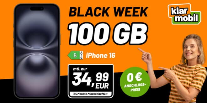 iPhone 16 für einmalig 74.99 Euro mit 100GB Allnet Flat nur 34.99 Euro monatlich – kein Anschlusspreis