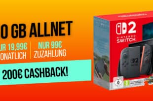 Nintendo Switch2 mit Mario Kart World Set für einmalig 99 Euro mit 60GB Allnet Flat und 200 Euro Cashback nur 19.99 Euro monatlich