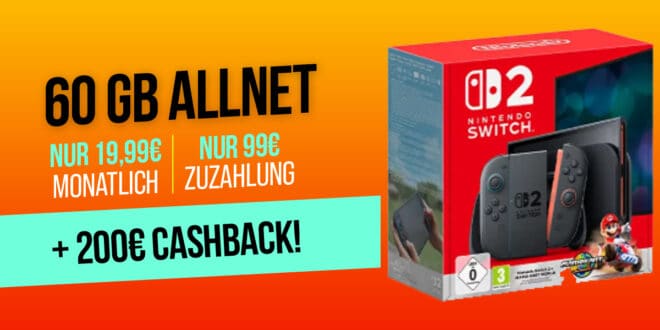 Nintendo Switch2 mit Mario Kart World Set für einmalig 99 Euro mit 60GB Allnet Flat und 200 Euro Cashback nur 19.99 Euro monatlich