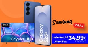 Samsung Galaxy S25+ & 55 Zoll TV (oder andere Zugabe) für einmalig 249 Euro mit unlimited Allnet Flat und 150 Euro Bonus nur 34.99 Euro monatlich