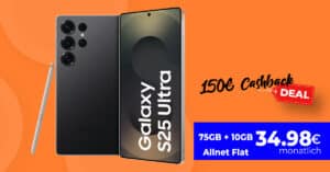 Samsung Galaxy S25 Ultra für einmalig 149 Euro mit 75 GB Allnet Flatrate (+10 GB extra SIM) und 150 Euro Cashback nur 34.98 Euro monatlich