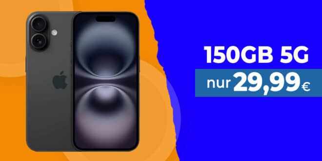 iPhone 16 256GB für einmalig 99 Euro mit 150GB Allnet Flat nur 29.99 Euro monatlich