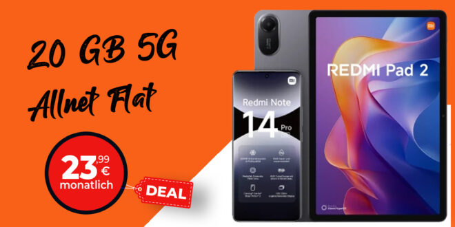 Xiaomi Redmi Note 14 Pro 5G & Redmi Pad 2 für einmalig 25 Euro mit 20GB Allnet Flat nur 23.99 Euro monatlich