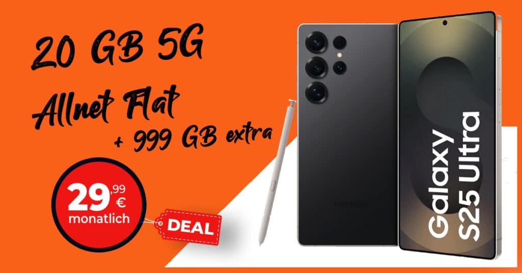 Samsung Galaxy S25 Ultra für einmalig 249 Euro mit 20GB (+999GB extra!) Allnet Flatrate und 100 Euro Wechselbonus nur 29.99 Euro monatlich