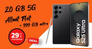 Samsung Galaxy S25 Ultra für einmalig 219 Euro mit 20GB (+999GB extra!) Allnet Flat und 100 Euro Wechselbonus nur 29.99 Euro monatlich