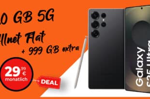 Samsung Galaxy S25 Ultra für einmalig 249 Euro mit 20GB (+999GB extra!) Allnet Flatrate und 100 Euro Wechselbonus nur 29.99 Euro monatlich