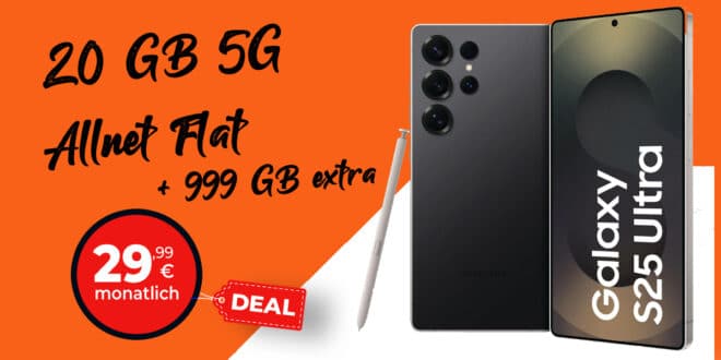 Samsung Galaxy S25 Ultra für einmalig 219 Euro mit 20GB (+999GB extra!) Allnet Flat und 100 Euro Wechselbonus nur 29.99 Euro monatlich