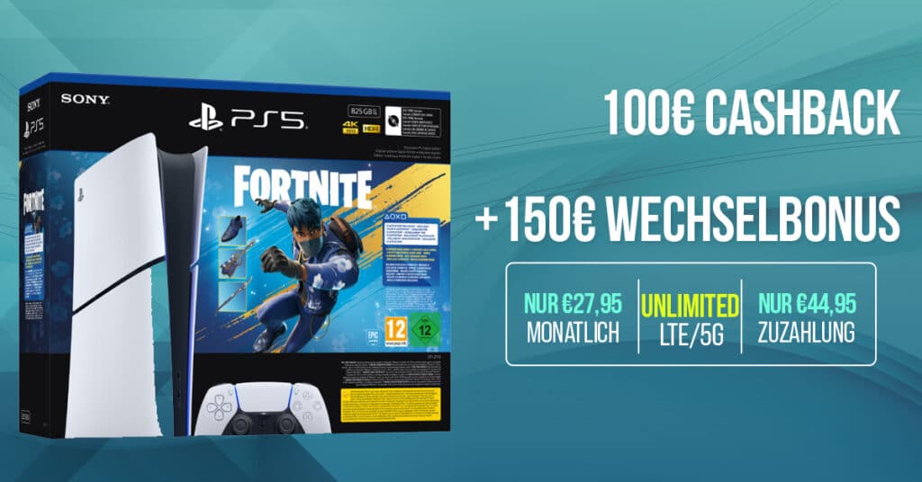 PS5 PlayStation 5 Slim - Fortnite Flowering Chaos Bundle mit Telekom unlimited Allnet Flat und 150 Euro Wechselbonus und 100 Euro Cashback nur 27.95 Euro monatlich