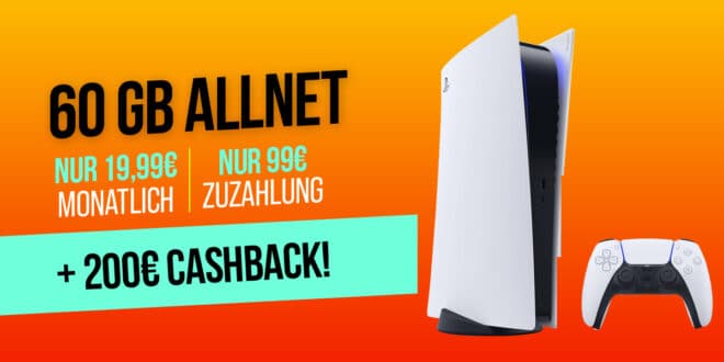 PS5 Sony Playstation 5 Slim Disc Edition mit Handyvertrag - für einmalig 99 Euro mit 60GB Allnet Flat und 200 Euro Cashback nur 19.99 Euro monatlich