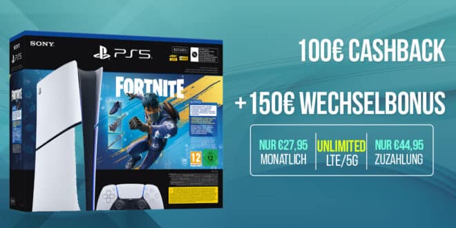 PS5 PlayStation 5 Slim - Fortnite Flowering Chaos Bundle mit Telekom unlimited Allnet Flat und 150 Euro Wechselbonus und 100 Euro Cashback nur 27.95 Euro monatlich