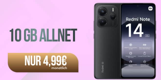 Xiaomi Redmi Note 14 5G 256GB für einmalig 49 Euro mit 10GB Allnet Flat nur 4.99 Euro monatlich