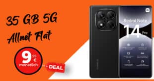 Xiaomi Redmi Note 14 Pro 5G für einmalig 33 Euro mit 35GB Allnet Flat und 30 Euro Wechselbonus nur 9.99 Euro monatlich