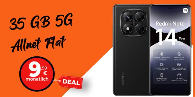 Xiaomi Redmi Note 14 Pro 5G für einmalig 33 Euro mit 35GB Allnet Flat und 30 Euro Wechselbonus nur 9.99 Euro monatlich