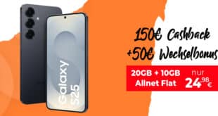 Samsung Galaxy S25 256GB für einmalig 29 Euro mit 20GB Allnet Flat (+10GB extra SIM) & 50€ Wechselbonus und 150 Euro Cashback nur 24.98 Euro monatlich