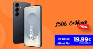 Black Friday Deal – Samsung Galaxy S25 mit 20GB Allnet Flatrate und 150 Euro Cashback nur 19.99 Euro monatlich