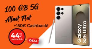 Samsung Galaxy S25 Ultra mit 100GB Allnet Flat (+10GB extra SIM) und 150 Euro Cashback nur 44.98 Euro monatlich