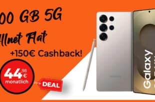 Samsung Galaxy S25 Ultra mit 100GB Allnet Flat (+10GB extra SIM) und 150 Euro Cashback nur 44.98 Euro monatlich