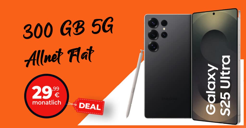 Samsung Galaxy S25 Ultra für einmalig 209 Euro mit 300GB Allnet Flat und 150 Euro Bonus nur 29.99 Euro monatlich