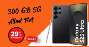 Samsung Galaxy S25 Ultra für einmalig 209 Euro mit 300GB Allnet Flat und 150 Euro Bonus nur 29.99 Euro monatlich
