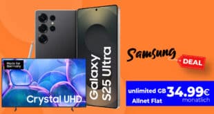 Samsung Galaxy S25 Ultra & 55 Zoll TV (oder andere Zugabe) für einmalig 399 Euro mit unlimited Allnet Flat und 150 Euro Bonus nur 34.99 Euro monatlich