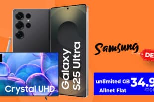 Samsung Galaxy S25 Ultra & 55 Zoll TV (oder andere Zugabe) für einmalig 399 Euro mit unlimited Allnet Flat und 150 Euro Bonus nur 34.99 Euro monatlich