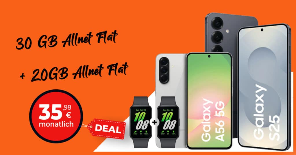 Samsung Galaxy S25 & Galaxy A56 & 2x Galaxy Fit3 mit 30GB Allnet Flat und 20GB Allnet Flat nur 35.98 Euro monatlich