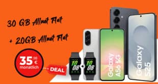 Samsung Galaxy S25 & Galaxy A56 & 2x Galaxy Fit3 mit 30GB Allnet Flat und 20GB Allnet Flat nur 35.98 Euro monatlich