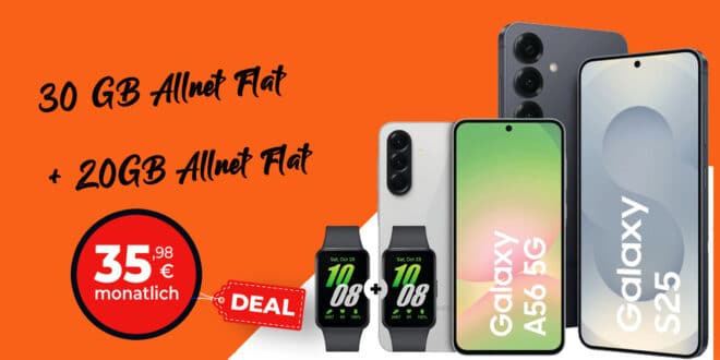 Samsung Galaxy S25 & Galaxy A56 & 2x Galaxy Fit3 mit 30GB Allnet Flat und 20GB Allnet Flat nur 35.98 Euro monatlich
