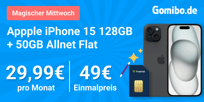 Tages-Deal - iPhone 15 für einmalig 49 Euro mit 50GB Allnet Flat und 150 Euro Wechselbonus nur 29.99 Euro monatlich